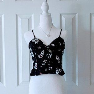 FAVLUX Women's Spaghetti Strap Crop Top  Size L  Black Floral